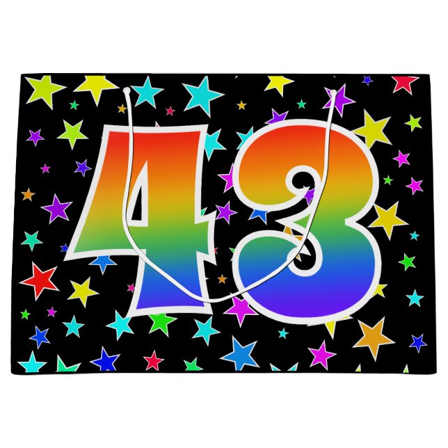 Farbenfrohe Sterne + Regenbogenmuster "43" Event # Große Geschenktüte (Vorderseite)