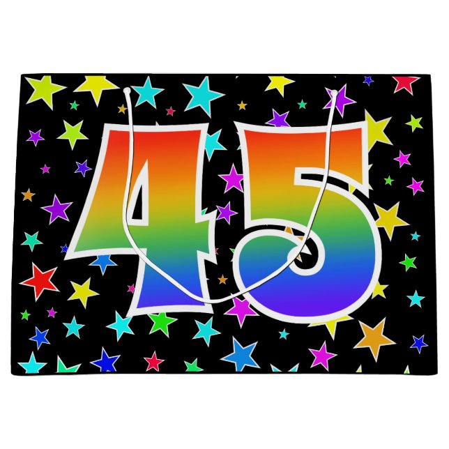 Farbenfrohe Sterne + Regenbogenmuster "45" Event # Große Geschenktüte (Vorderseite)