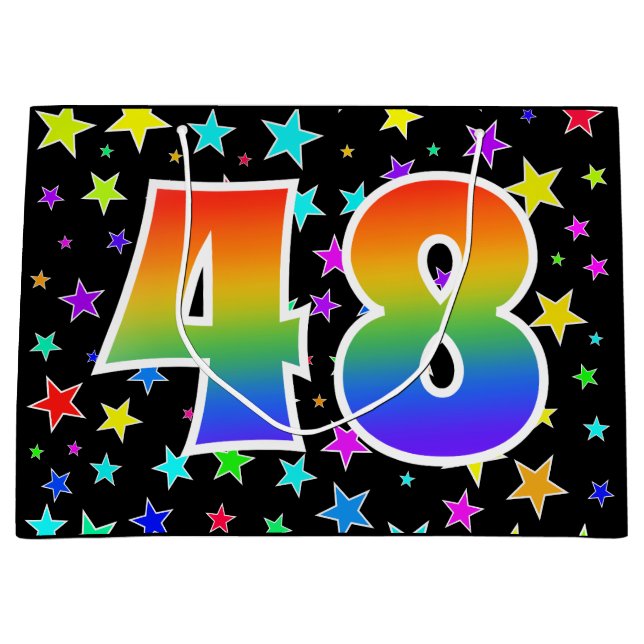 Farbenfrohe Sterne + Regenbogenmuster "48" Event # Große Geschenktüte (Vorderseite)