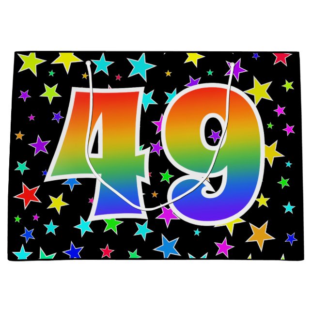 Farbenfrohe Sterne + Regenbogenmuster "49" Event # Große Geschenktüte (Vorderseite)