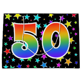 Farbenfrohe Sterne + Regenbogenmuster "50" Event # Große Geschenktüte