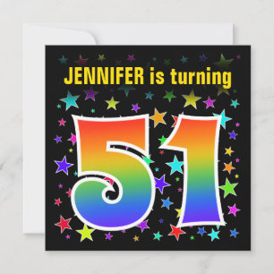 Farbenfrohe Sterne + Regenbogenmuster "51" Geburts Einladung