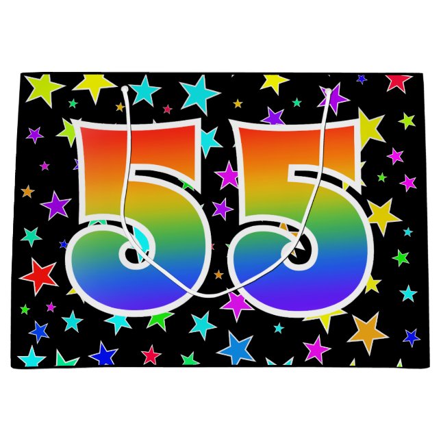 Farbenfrohe Sterne + Regenbogenmuster "55" Event # Große Geschenktüte (Vorderseite)