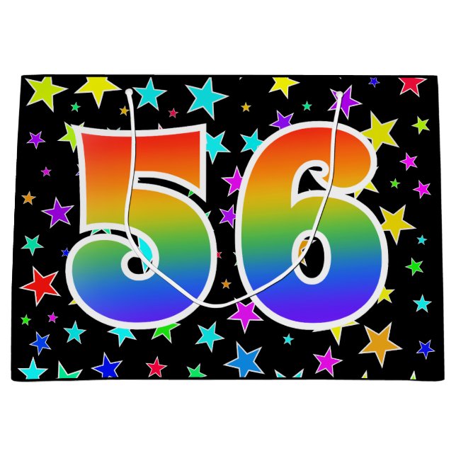 Farbenfrohe Sterne + Regenbogenmuster "56" Event # Große Geschenktüte (Vorderseite)