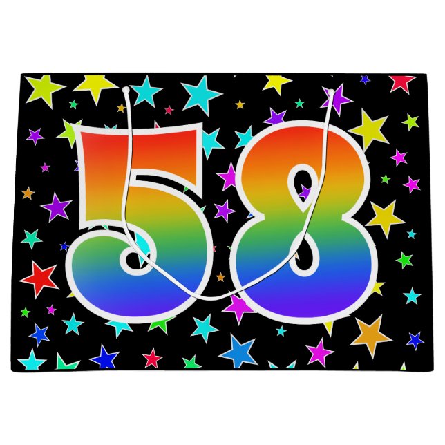 Farbenfrohe Sterne + Regenbogenmuster "58" Event # Große Geschenktüte (Vorderseite)
