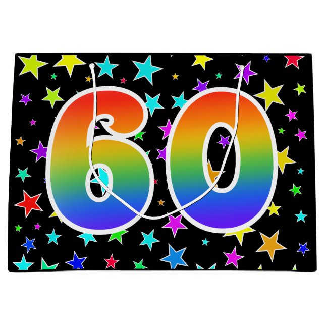Farbenfrohe Sterne + Regenbogenmuster "60" Event # Große Geschenktüte (Vorderseite)