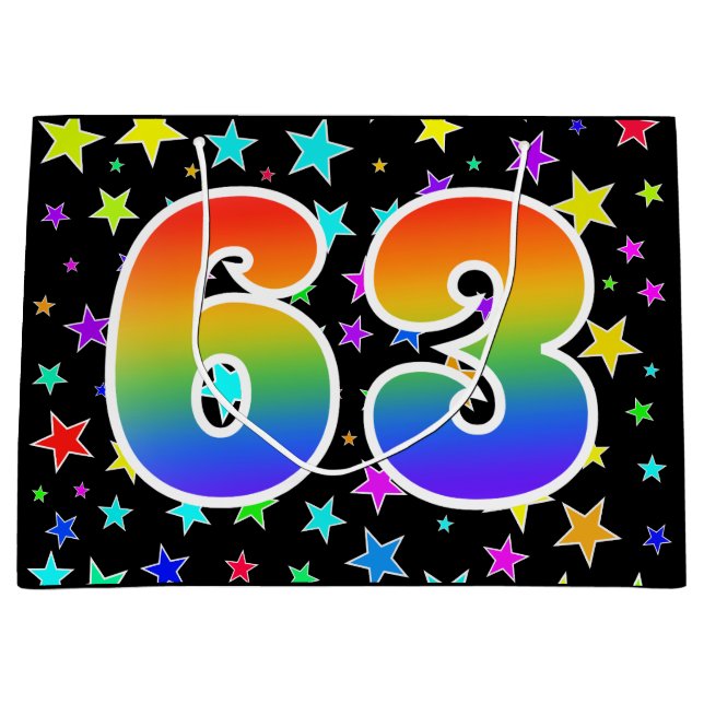 Farbenfrohe Sterne + Regenbogenmuster "63" Event # Große Geschenktüte (Vorderseite)