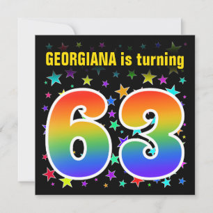 Farbenfrohe Sterne + Regenbogenmuster "63" Geburts Einladung