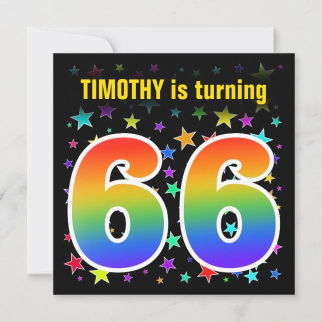 Farbenfrohe Sterne + Regenbogenmuster "66" Geburts Einladung (Vorderseite)