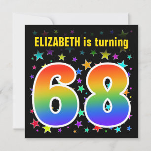 Farbenfrohe Sterne + Regenbogenmuster "68" Geburts Einladung