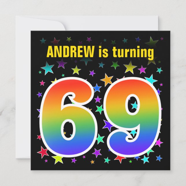 Farbenfrohe Sterne + Regenbogenmuster "69" Geburts Einladung (Vorderseite)