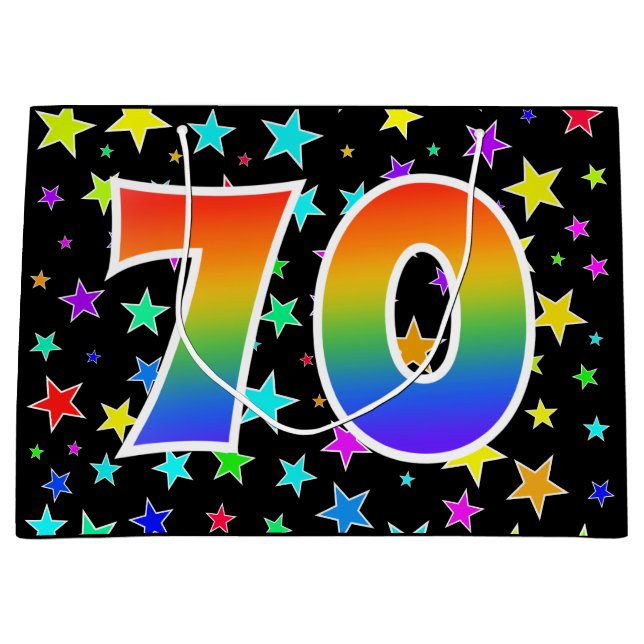 Farbenfrohe Sterne + Regenbogenmuster "70" Event # Große Geschenktüte (Vorderseite)