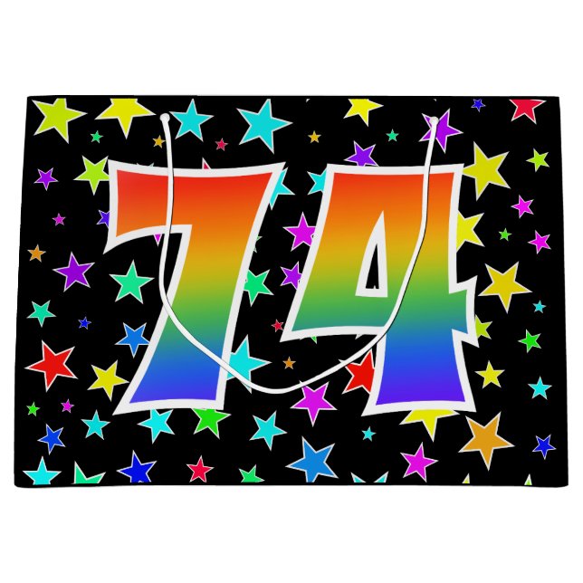 Farbenfrohe Sterne + Regenbogenmuster "74" Event # Große Geschenktüte (Vorderseite)