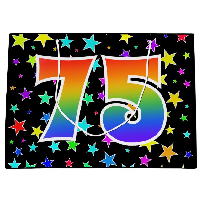 Farbenfrohe Sterne + Regenbogenmuster "75" Event # Große Geschenktüte (Vorderseite)