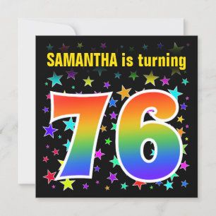 Farbenfrohe Sterne + Regenbogenmuster "76" Geburts Einladung