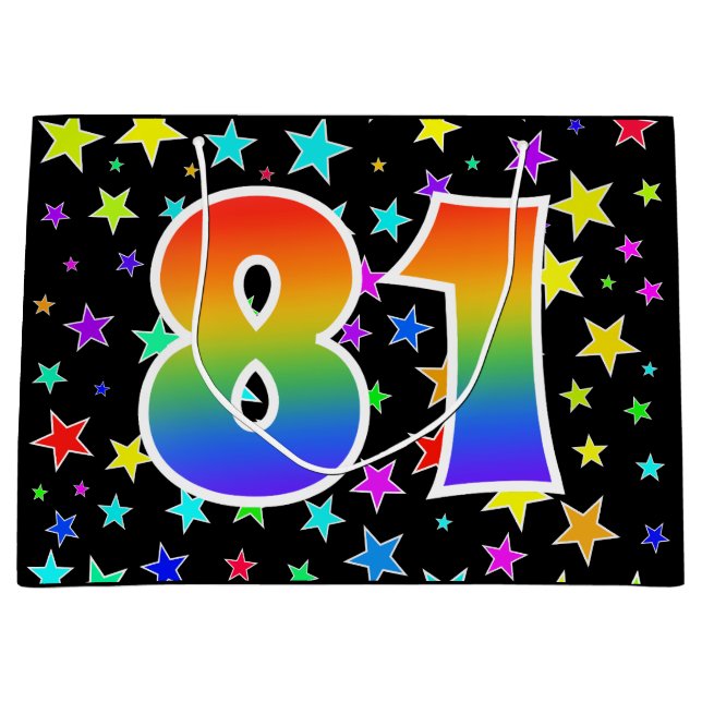 Farbenfrohe Sterne + Regenbogenmuster "81" Event # Große Geschenktüte (Vorderseite)