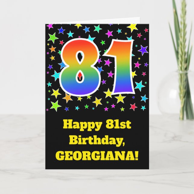 Farbenfrohe Sterne + Regenbogenmuster "81" Geburts Karte (Vorderseite)