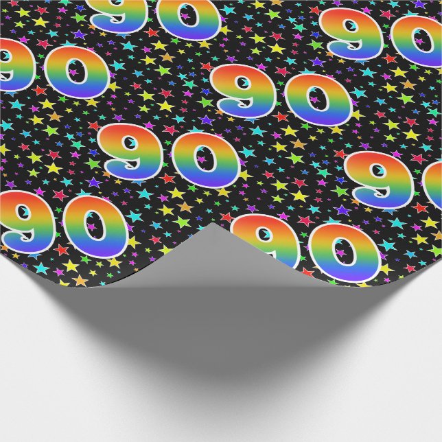 Farbenfrohe Sterne + Regenbogenmuster "90" Event # Geschenkpapier (Ecke)