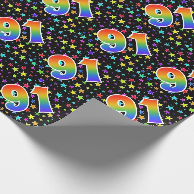 Farbenfrohe Sterne + Regenbogenmuster "91" Event # Geschenkpapier (Ecke)
