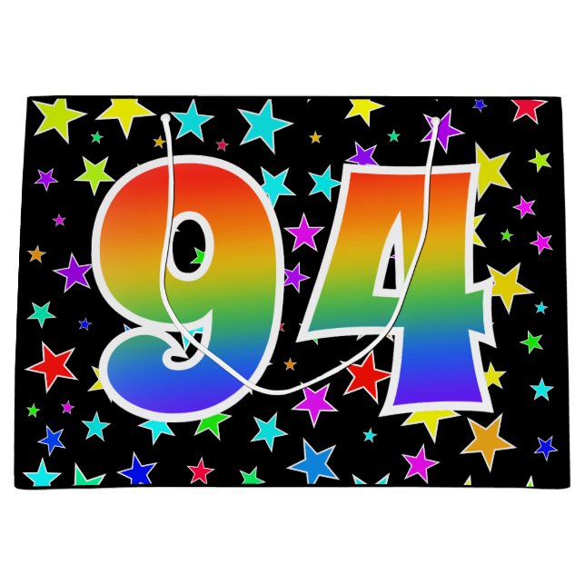 Farbenfrohe Sterne + Regenbogenmuster "94" Event # Große Geschenktüte (Vorderseite)