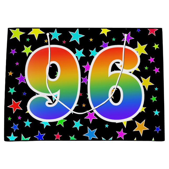 Farbenfrohe Sterne + Regenbogenmuster "96" Event # Große Geschenktüte (Vorderseite)