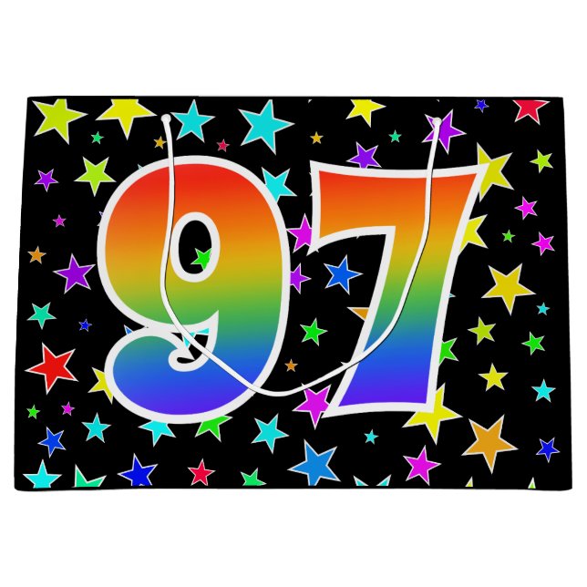 Farbenfrohe Sterne + Regenbogenmuster "97" Event # Große Geschenktüte (Vorderseite)