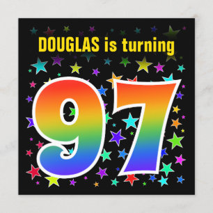 Farbenfrohe Sterne + Regenbogenmuster "97" Geburts Einladung