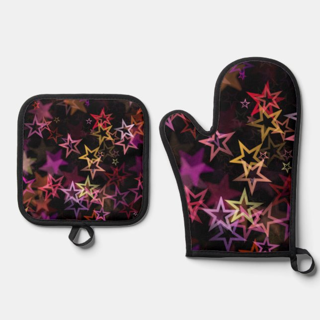 Farbenfrohe Sterne tanzen whimsisisch Ofenhandschuh & Topflappen-Set (Vorderseite)