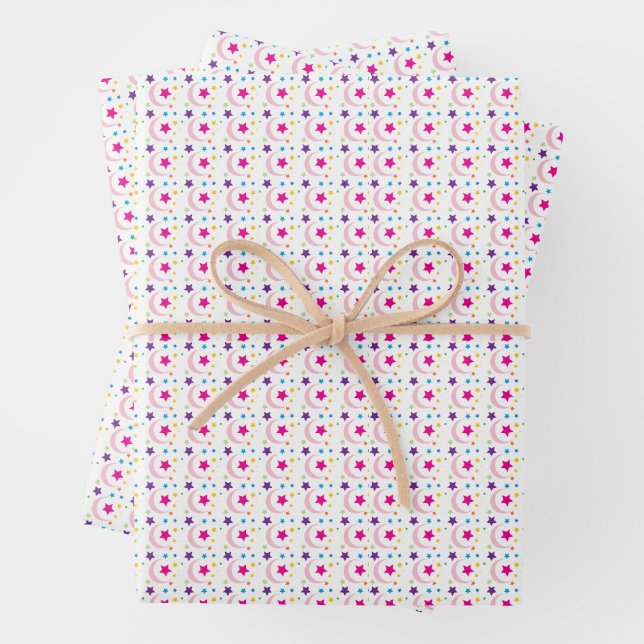 Farbenfrohe Sterne und Halbmond Geschenkpapier Set (Beispiel)