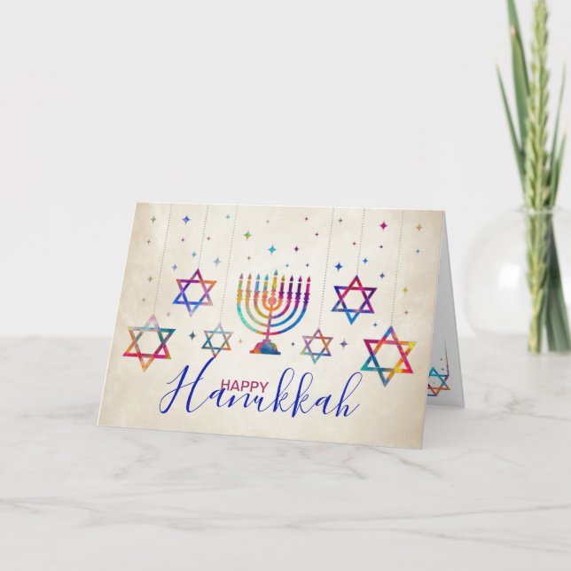 Farbenfrohe Sterne von David und Menorah Happy Han Karte (Vorderseite)