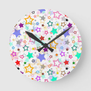 Farbenfrohe Sterne Weiß Runde Wanduhr