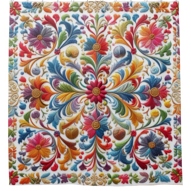 Farbenfrohe Stickerei mit Blick auf Blumendesign Duschvorhang (Vorderseite)