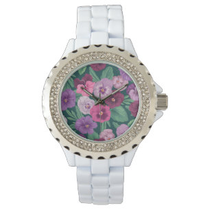 Farbenfrohe Stiefmütterchen auf dunkelgrünblau Armbanduhr