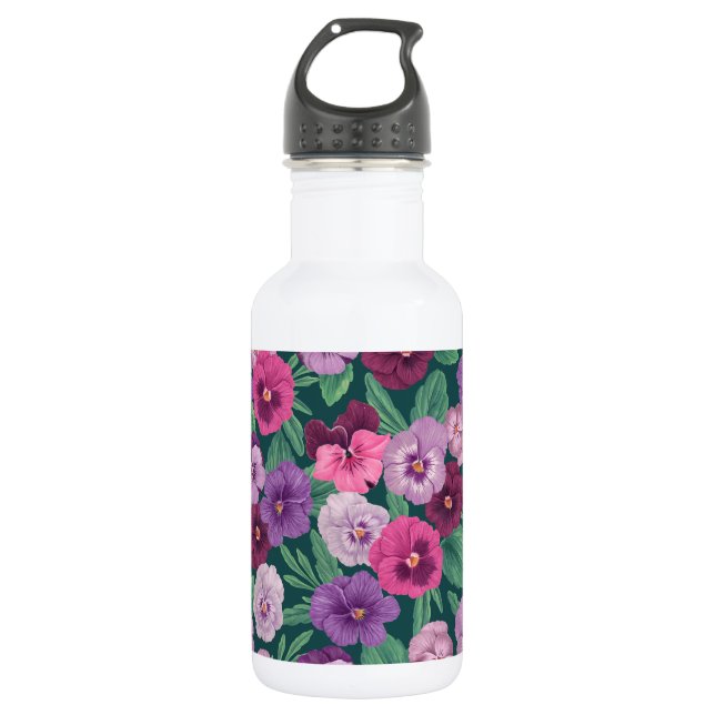 Farbenfrohe Stiefmütterchen auf dunkelgrünblau Edelstahlflasche (Vorderseite)