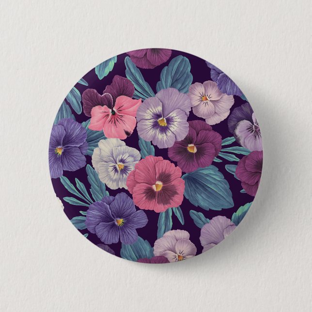 Farbenfrohe Stiefmütterchen auf tiefviolett Button (Vorderseite)