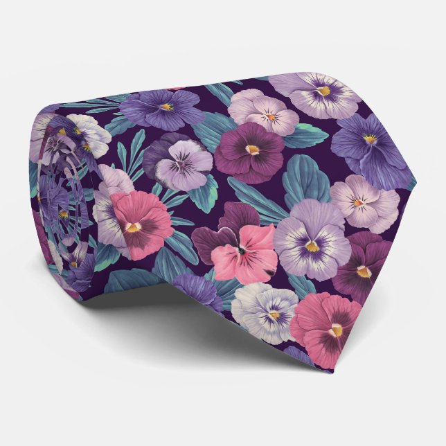 Farbenfrohe Stiefmütterchen auf tiefviolett Krawatte (Gerollt)
