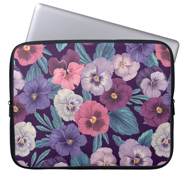 Farbenfrohe Stiefmütterchen auf tiefviolett Laptopschutzhülle (Vorderseite)