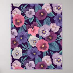 Farbenfrohe Stiefmütterchen auf tiefviolett Poster