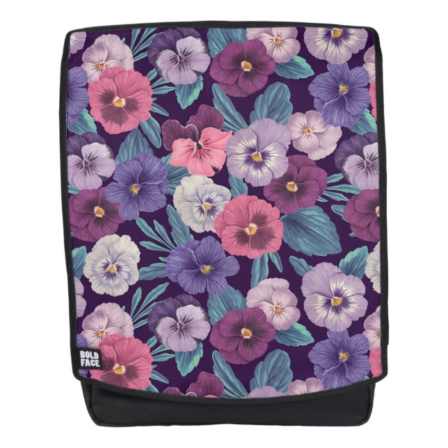 Farbenfrohe Stiefmütterchen auf tiefviolett Rucksack (Vorderseite)