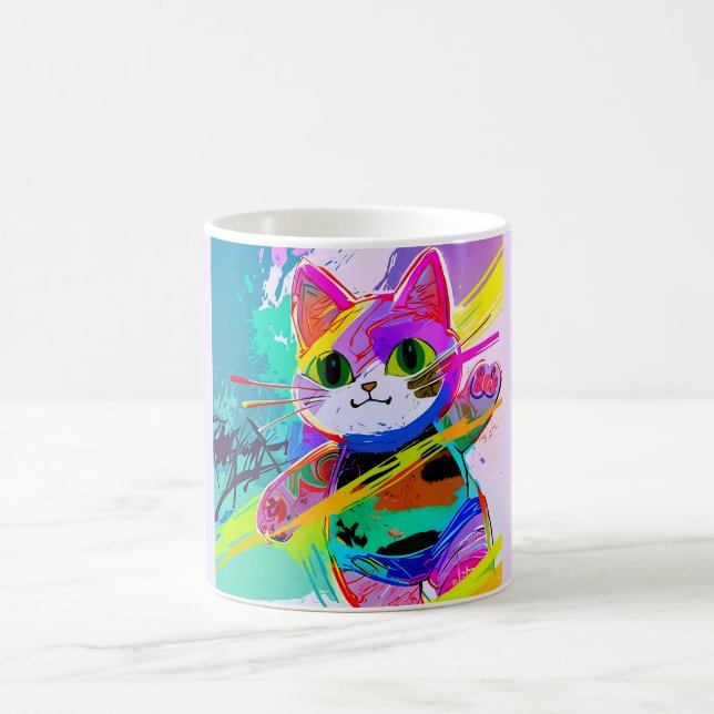 Farbenfrohe Stilelemente Abstrakter Pop Art Cat in Kaffeetasse (Mittel)