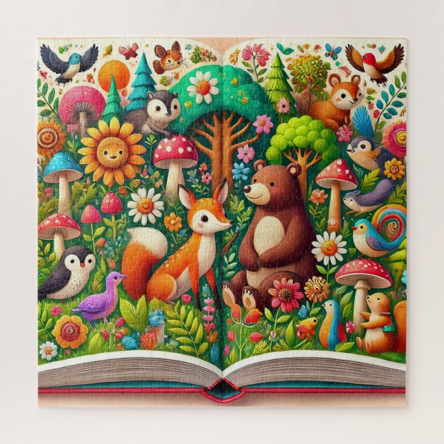 Farbenfrohe Storybook Illustration von Waldtieren (Vertikal)