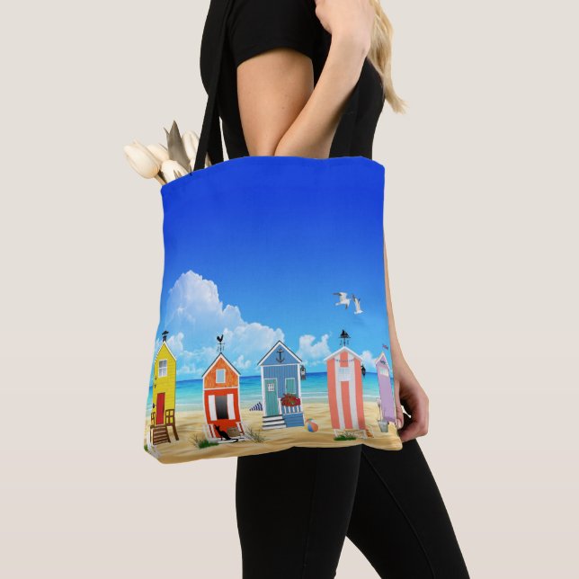 Farbenfrohe Strandhäuser mit Sand und Wasser Tasche (Von Nahem)