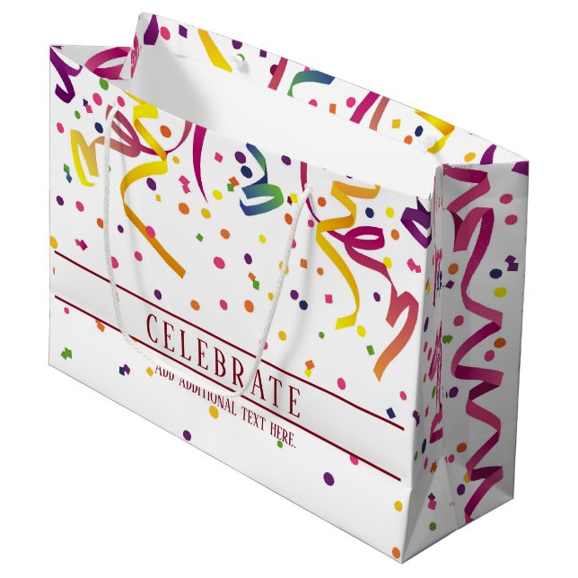 Farbenfrohe Streamer und Confetti-Geschenktasche Große Geschenktüte (Vorderseite Schrägansicht)