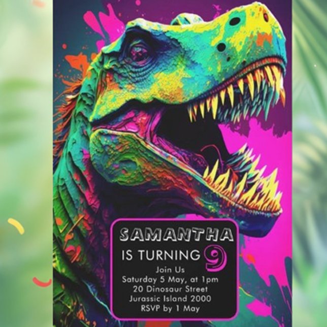 farbenfrohe Street Art Dinosaurier Einladung (Unleash your creativity with our colorful street art dinosaur invitation! )