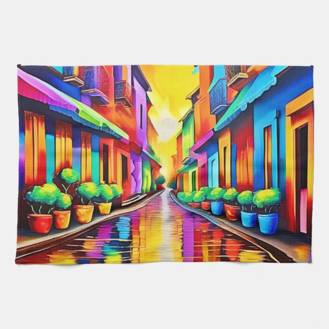 Farbenfrohe Street Scene Art Geschirrtuch (Horizontal)