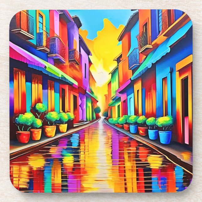 Farbenfrohe Street Scene Art Getränkeuntersetzer (Vorderseite)