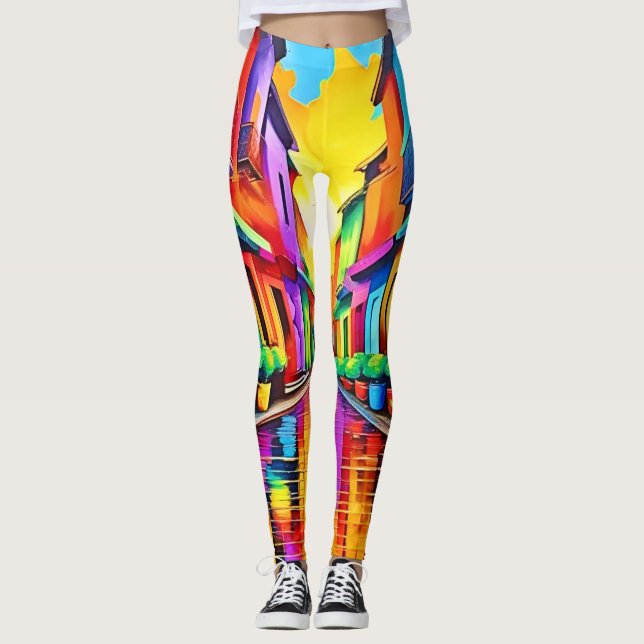 Farbenfrohe Street Scene Art Leggings (Vorderseite)