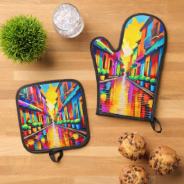 Farbenfrohe Street Scene Art Ofenhandschuh & Topflappen-Set