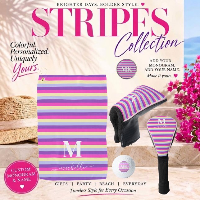 Farbenfrohe Streifen mit Monogramm Golfball (stripes collection purple pink yellow and blue monogram and script golf )