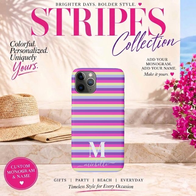 Farbenfrohe Streifen mit Monogramm Schrift Case-Mate iPhone Hülle (Colorful Stripes Collection -Monogram and Script-Purple Pink Yellow and Blue)